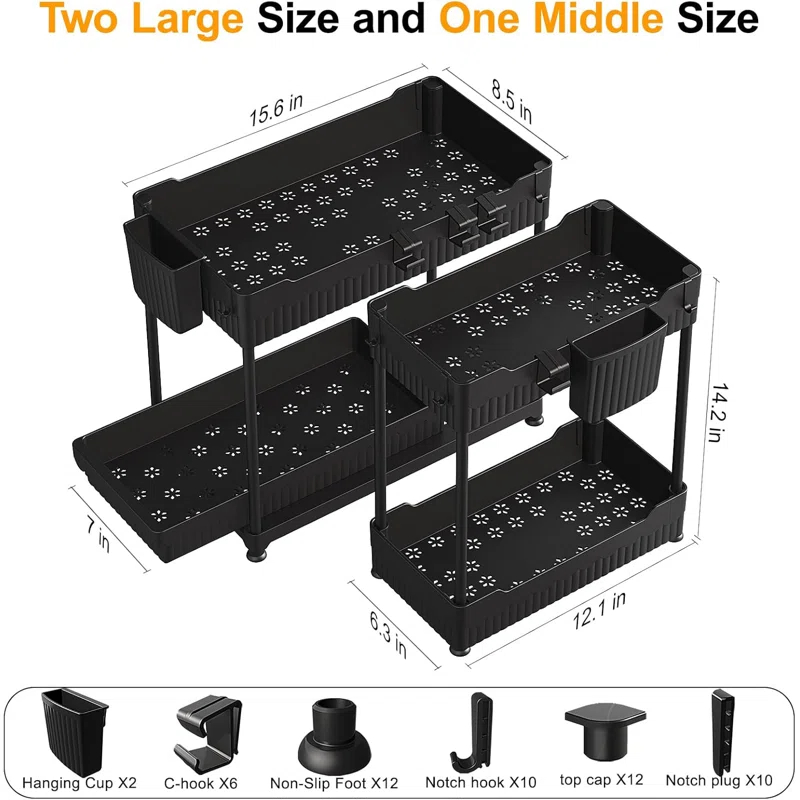 Adeco Trading Under Sink Organizer, 2-Tier Multi-Use Kitchen Bathroom Organizers And Storage With Sliding Drawer，Bathroom Cabinet Organizer (Black, 3 Pack)