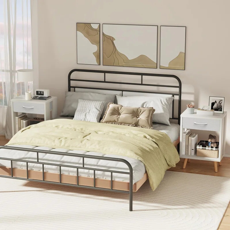 17 Stories Nightstands Set Of 2 With Fabric Storage Drawer And Open Wood Shelf, Side Table With Storage For Bedroom, Bedside Tables - 23.7" H