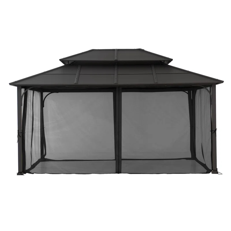 Sunjoy Sunjoy Hardtop Gazebo 12 x 16 ft. Outdoor Gazebo, Heavy Duty Steel Frame Gazebo, Double Tiered Metal Gazebo with Ceiling Hook and Removable Netting Sidewalls