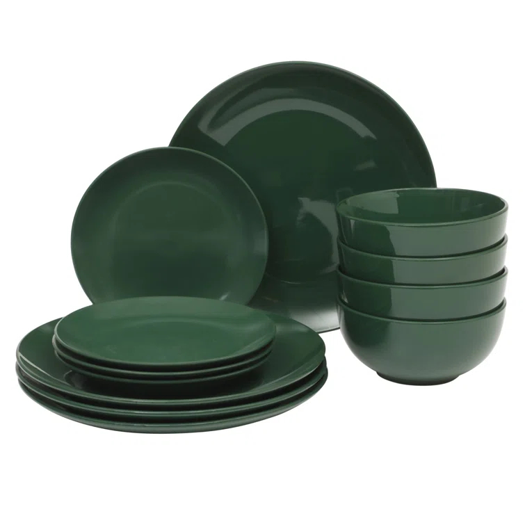 Gibson Home Gibson Home Dining Essential (Service for 4) 12 Piece Plates and Bowls Porcelain Solid Color Dishes  Ceramic Dinnerware Set - Hunter Green
