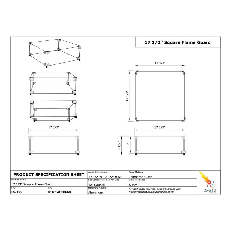 Celestial Fire Glass Square Fire Pit Wind Guard