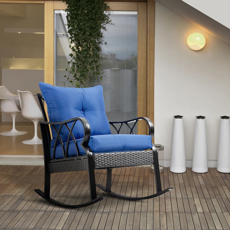 Mercer41 Outsunny Outdoor Wicker Rocking Chair with Padded Cushions, Aluminum Furniture Rattan Porch Rocker