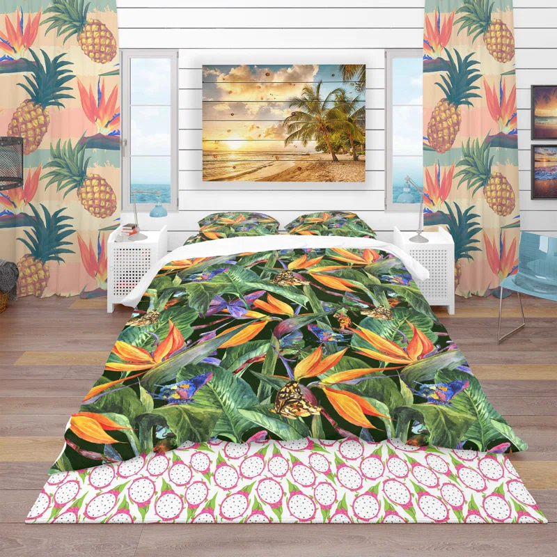Design Art Tropical Pattern with Exotic Flowers - Tropical Floral Duvet Cover Set - Microfiber Polyester