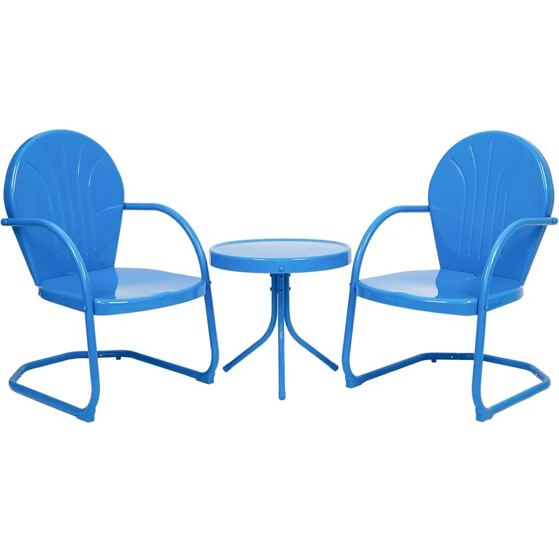 Latitude Run® Outdoor Bistro Set, 3 Pieces Retro Metal Porch Furniture Set, All-Weather Patio Bistro Set, 2 C-Spring Metal Chairs And Round Side Table For Porch, Garden, Lawn And Balcony