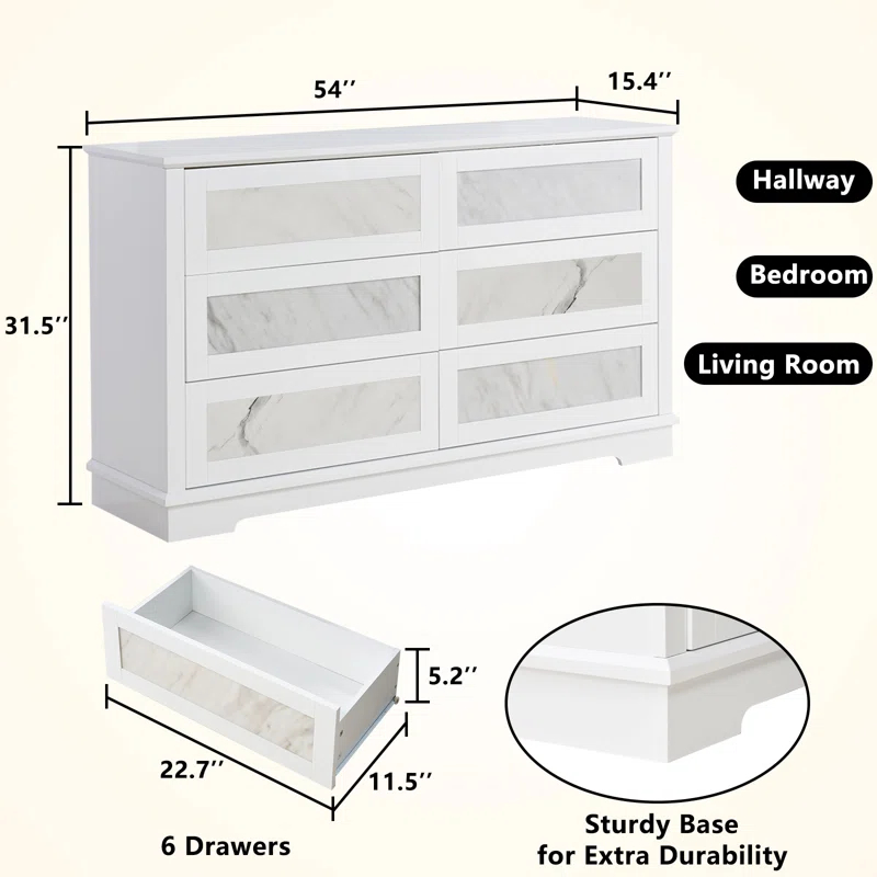 Alarriah 54" Natural Marble Highgloss 6 Drawer Dresser