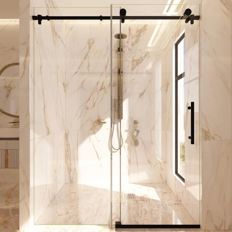 Fab Glass and Mirror SHSS10M48X76BN Frameless Single Sliding Shower Door 3/8" Thick Glass 48 X 76