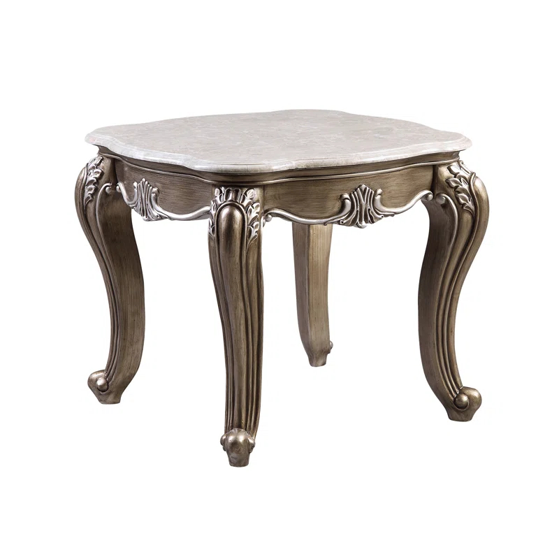 Rosdorf Park Elozzol Transitional Square End Table with Natural Marble Top in Antique Bronze