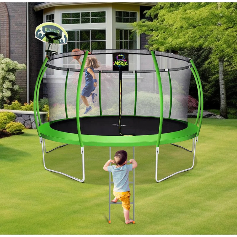 Moxie 15 FT Outdoor Trampoline Set w/ Safety Enclosure, includes Basketball Hoop with Ball & Pump & Ladder