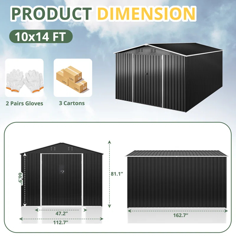 10 ft. W x 14 ft. D Outdoor Metal Shed Storage with Updated Frame Structure and Lockable Doors