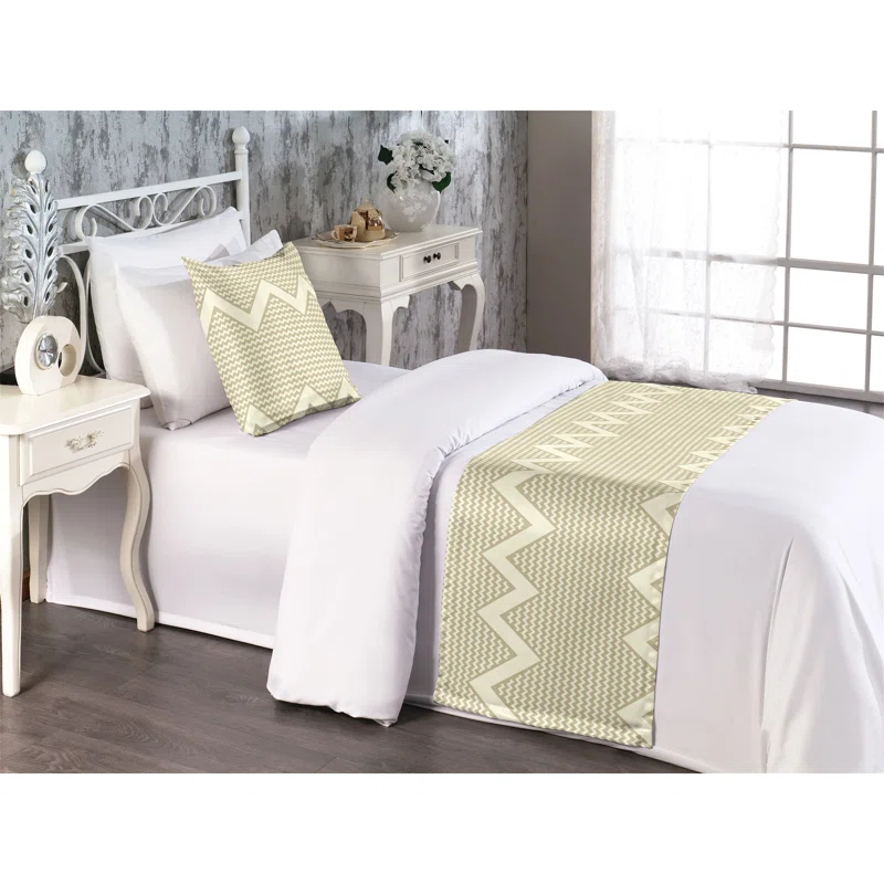 Ambesonne Ambesonne Geometric Bed Runner Set Chevron Zigzags Art Lines  Pale Khaki Cream