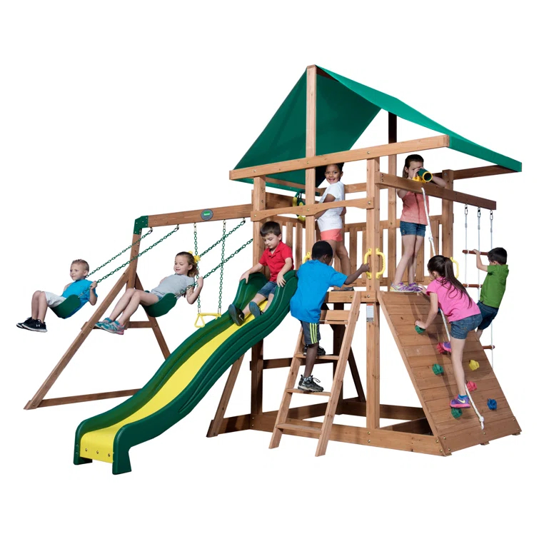 Backyard Discovery Backyard Discovery Mount Mckinley Cedar Wood Swing Set with Wave Slide, Play Deck, Double Rock Wall, and Rope Ladder