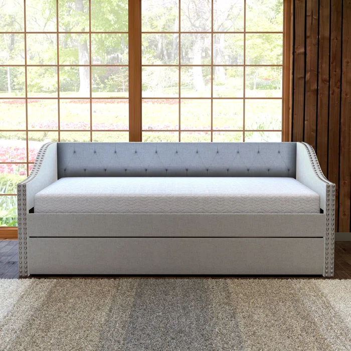 Boyd Sleep Manchester Upholstered Daybed with Pull Out Trundle, Twin Size, Tufted Backboard,