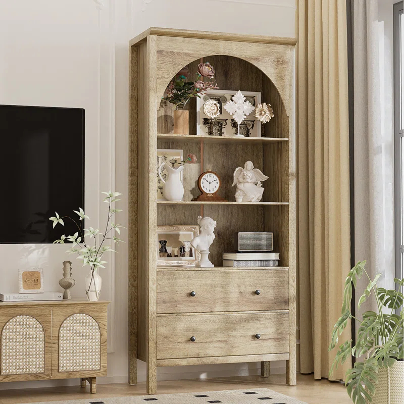 Gracie Oaks Arched Bookcase, Oak Arched Cabinet With Drawers, 71" Tall China Curio Cabinet, Display Cases For Collectibles, Vintage Bookshelf