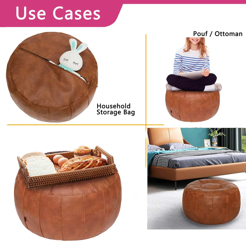 Unstuffed Handmade Moroccan Round Pouf Foot Stool Ottoman Seat Faux Leather Large Storage Bean Bag Floor Chair Foot Rest For Living Room, Bedroom Or Wedding Gifts