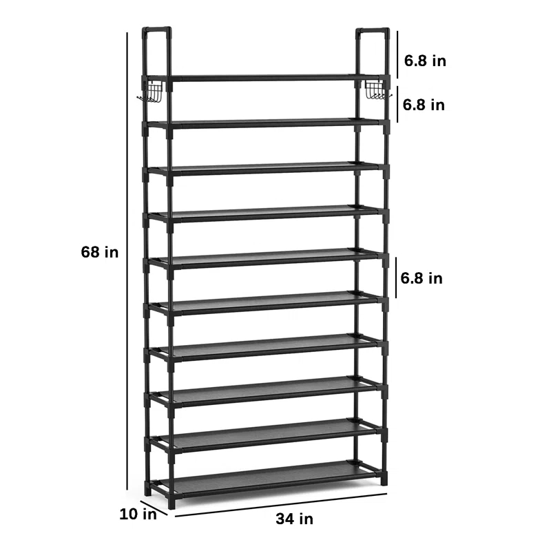 Rebrilliant The 10 Tiers Shoe Rack Tall Large Capacity 50 Pairs Wide Shoe Organizer with Two Hooks