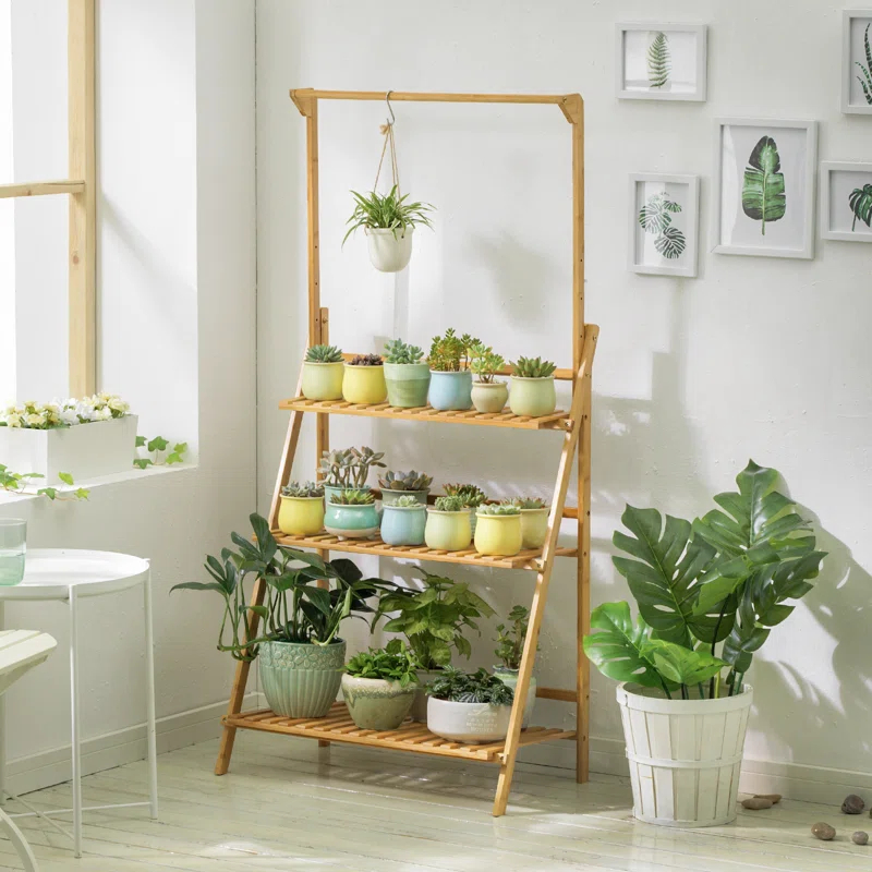 Bamboo 3 Tier Plant Stand Triangular Flower Pot Holder With Hanging Basket