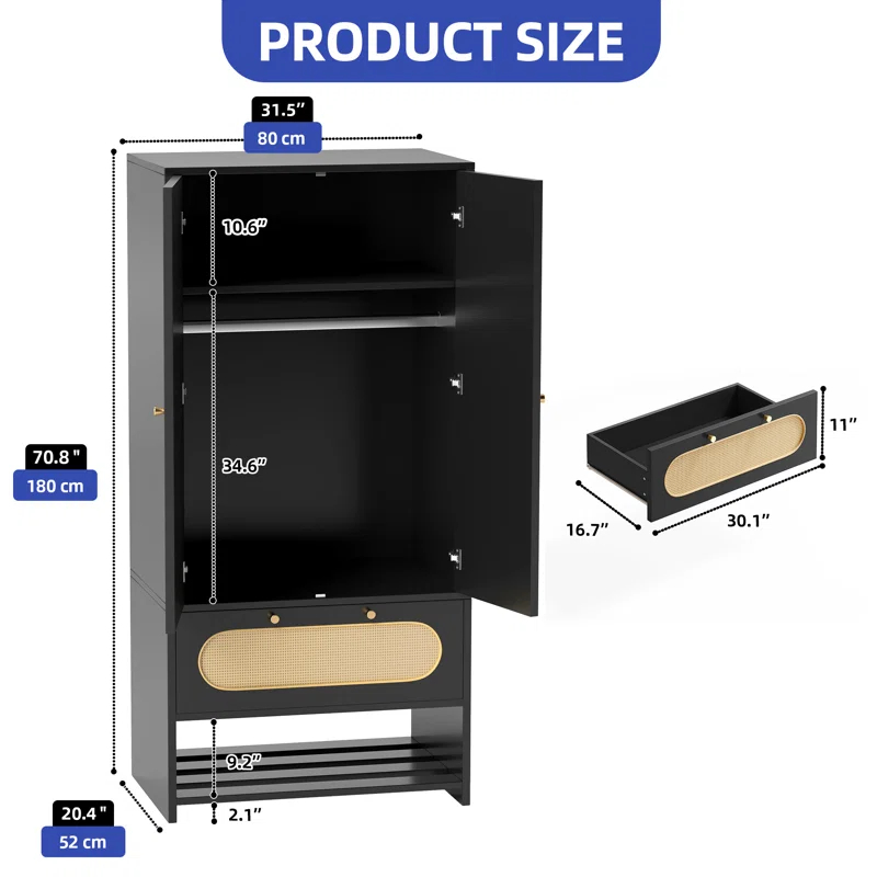 Bay Isle Home™ Modern Rattan Armoire Closet with Doors, Drawer, and Hanging Rod