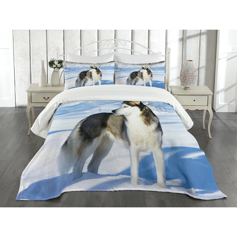 Ambesonne Alaskan Malamute Bedspread Set Husky on Snow Black White Pale Blue | Wayfair