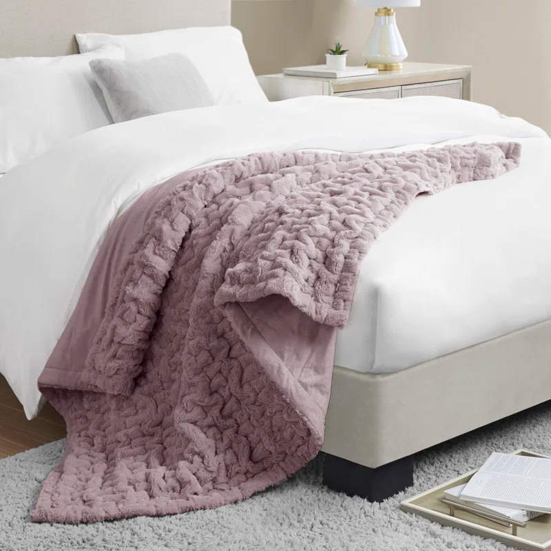 Madison Park Lavender Ruched Fur Throw 50x60"