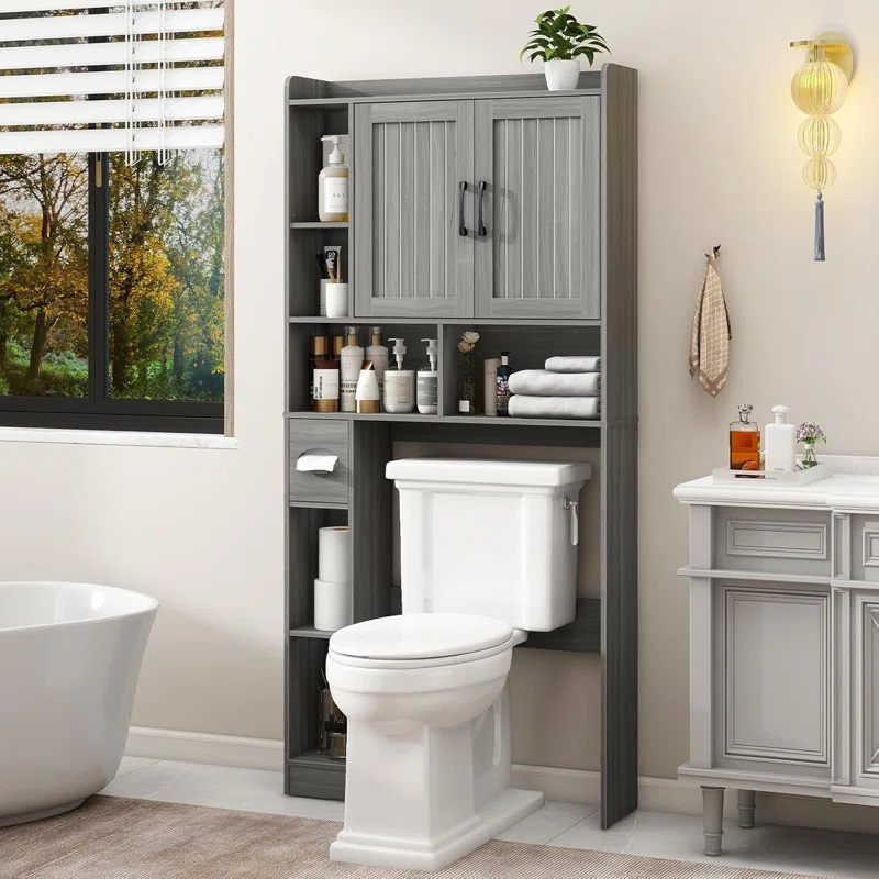 Gracie Oaks Over The Toilet Storage Cabinet, Farmhouse Storage Cabinet Over Toilet With Barn Door,Home Space-Saving Toilet Rack, For Bathroom, Restroom, Laundry