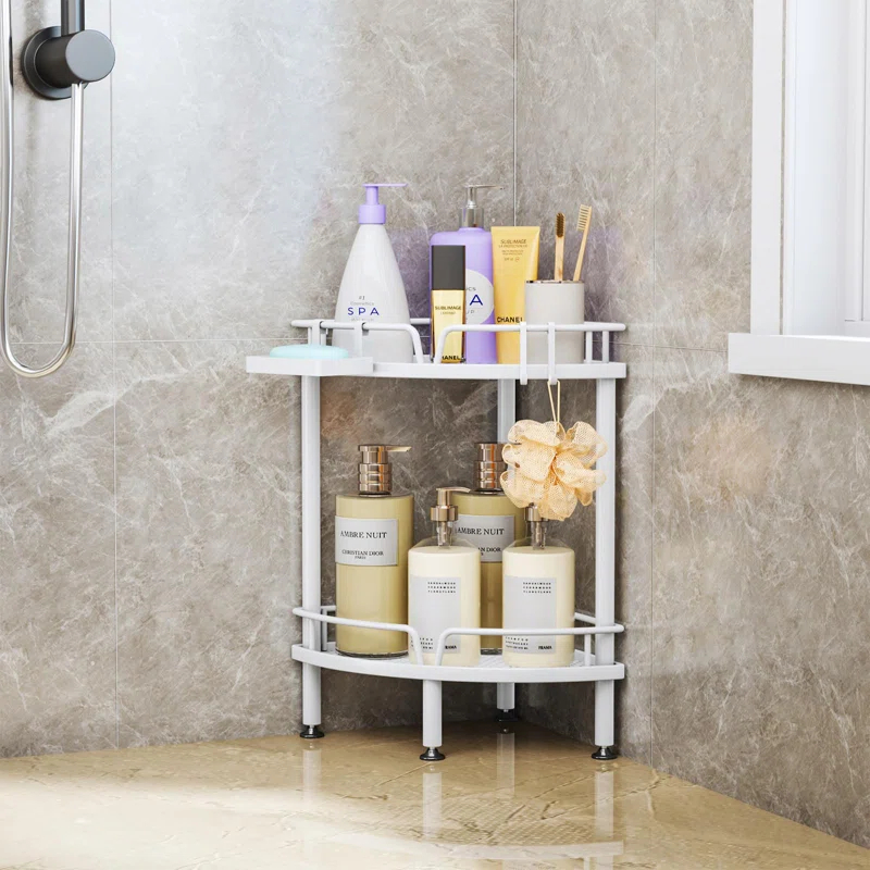 Rebrilliant Corner Shower Caddy Stand Shower Organizer With Soap Holder, Standing Tall Floor Shower Stand With Adjustable Feet & 2 Hooks, Shower Shelf Rack Storage For Bathroom,(White/2 Tier)