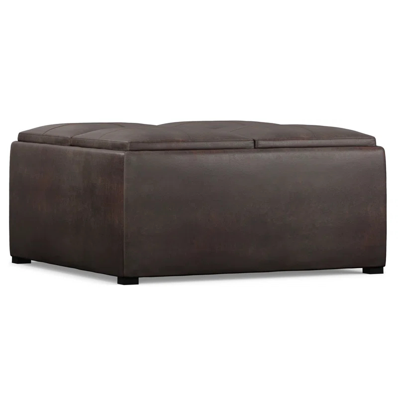 Simpli Home Avalon 35"W Upholstered Square Coffee Table Storage Ottoman with Flip-Over Trays