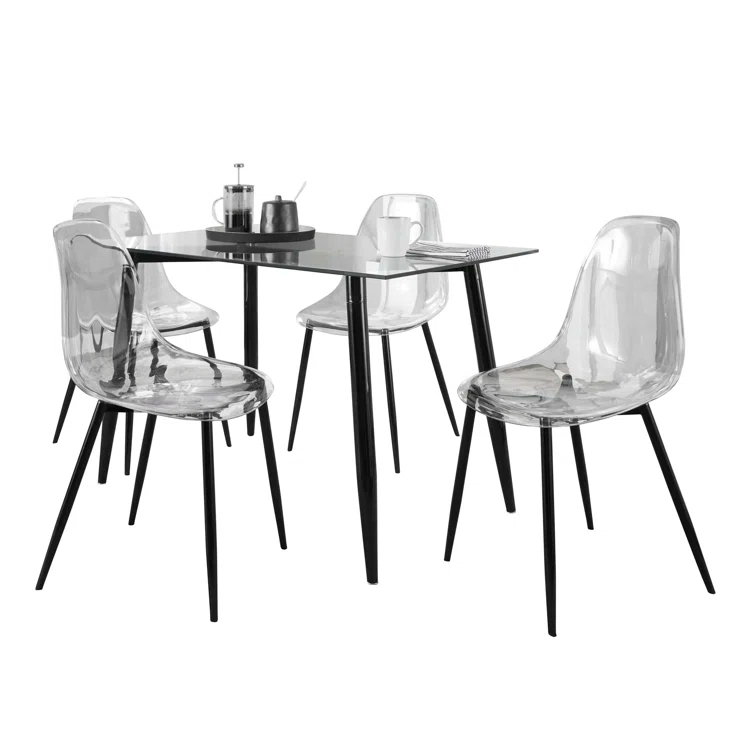 LumiSource Clara Mid-Century Modern Dining Set In Walnut Metal, Clear Glass Tabletop And Clear Acrylic - 5 Piece