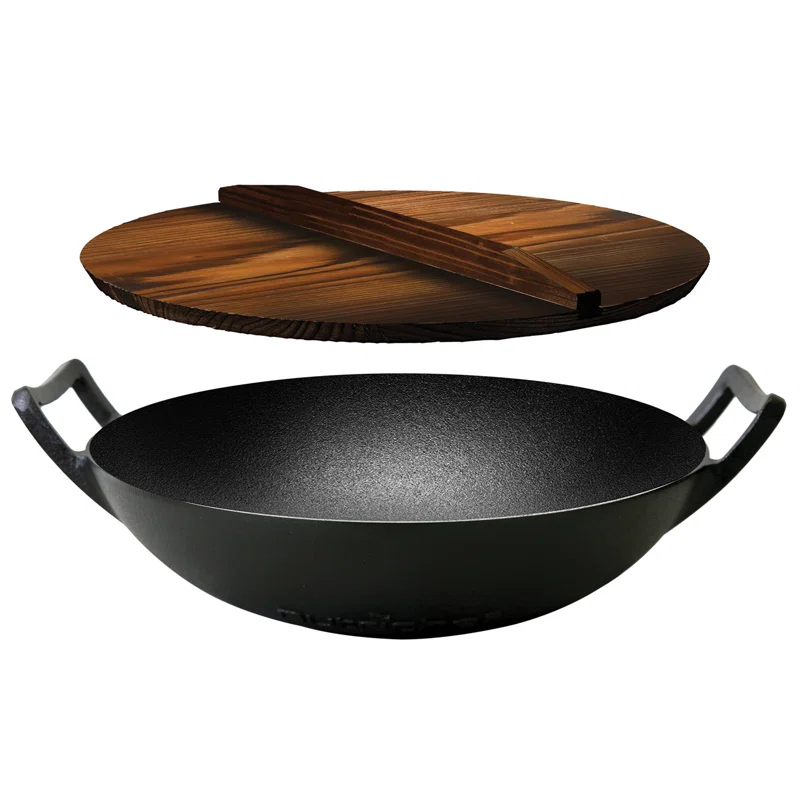 Open Box NutriChef Cooking Wok Cast Iron Stir Fry Pan with Wooden Lid, Black
