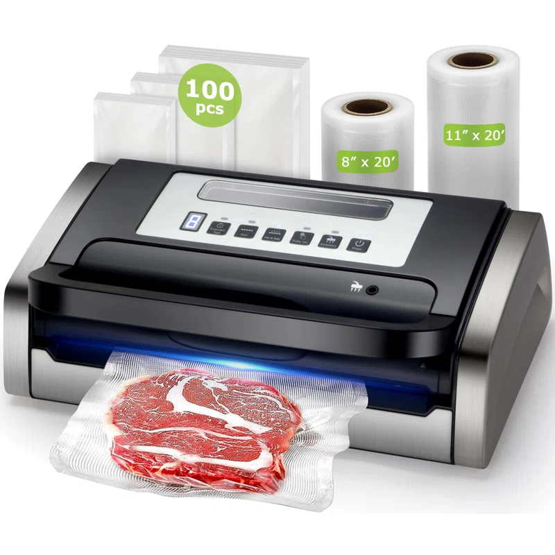 BEACHWATER POOL & SPA, LLC Vacuum Sealer Machine, Powerful Low-Noise Food Vacuum Sealer For High-Speed Continuous Working, Handle Locked Design, Built-In Cutter, 2 Bag Rolls + 100 PCS Vacuum Bags