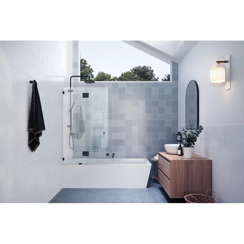 34 in. x 58 in. Frameless Glass Hinged Bathtub Door in Matte Black
