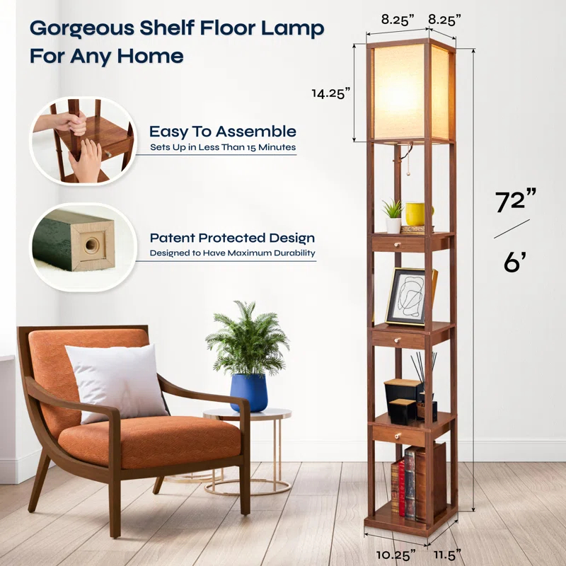 Latitude Run® 72" Column Floor Lamp With Shelves and 3 Drawers