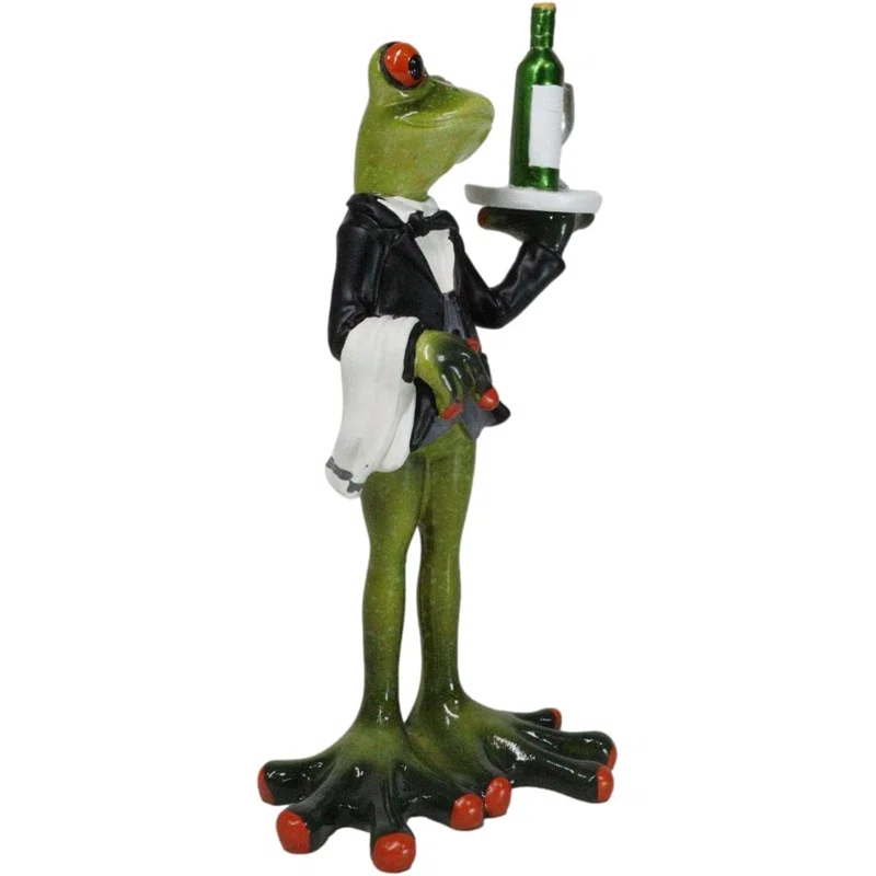 Trinx Green Toad Frog Silver Service Butler With Wine Glass And Bottle Figurine 7"H