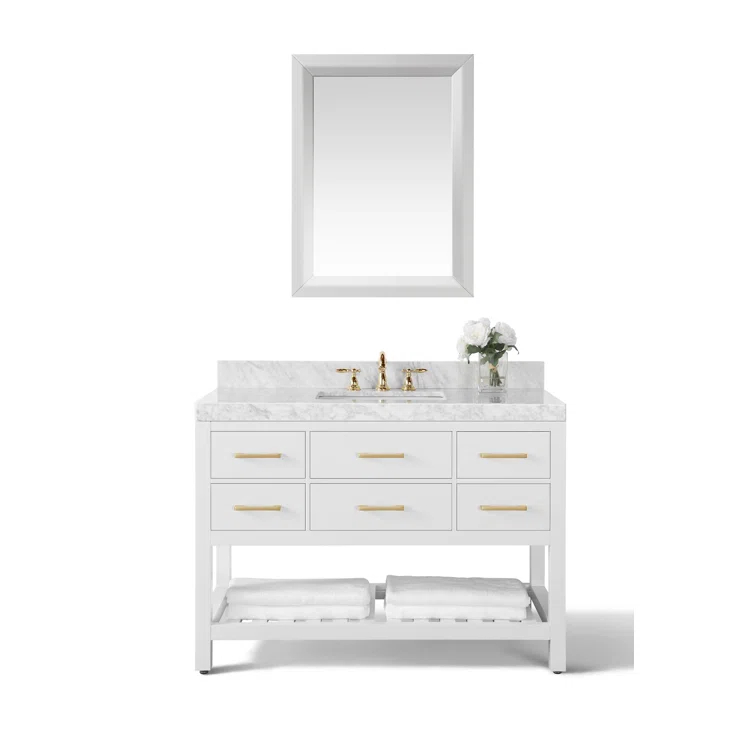 Ancerre Designs Elizabeth 48 in. Bath Vanity Set in White with Italian Carrara White Marble Vanity top and White Undermount Basin with Gold Hardware and 28 in. White Mirror | Perigold