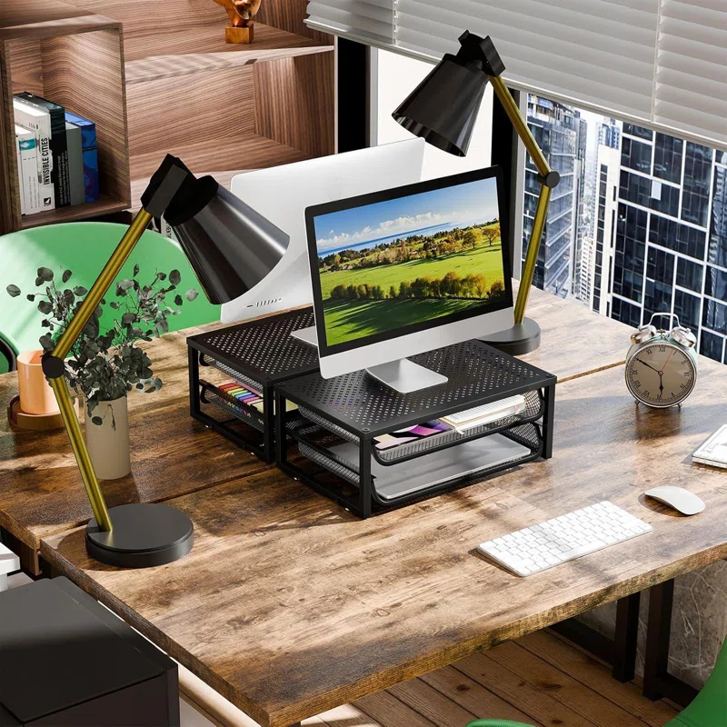 Inbox Zero 2 Pack 2-Tier Metal Monitor Stand Riser And Computer Desk Organizer With 2 Drawer For Laptop, Computer, Imac, Black