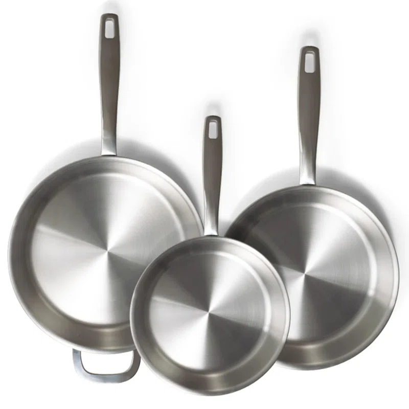 Alva Alva Maestro 3-Piece Professional 5-Ply Stainless Steel Frying Pan Set - Non-Toxic PFAS/PFOA/PTFE-Free Skillets & Cookware - Induction & All Stovetop Compatible - Oven Safe - Stay-Cool Handles