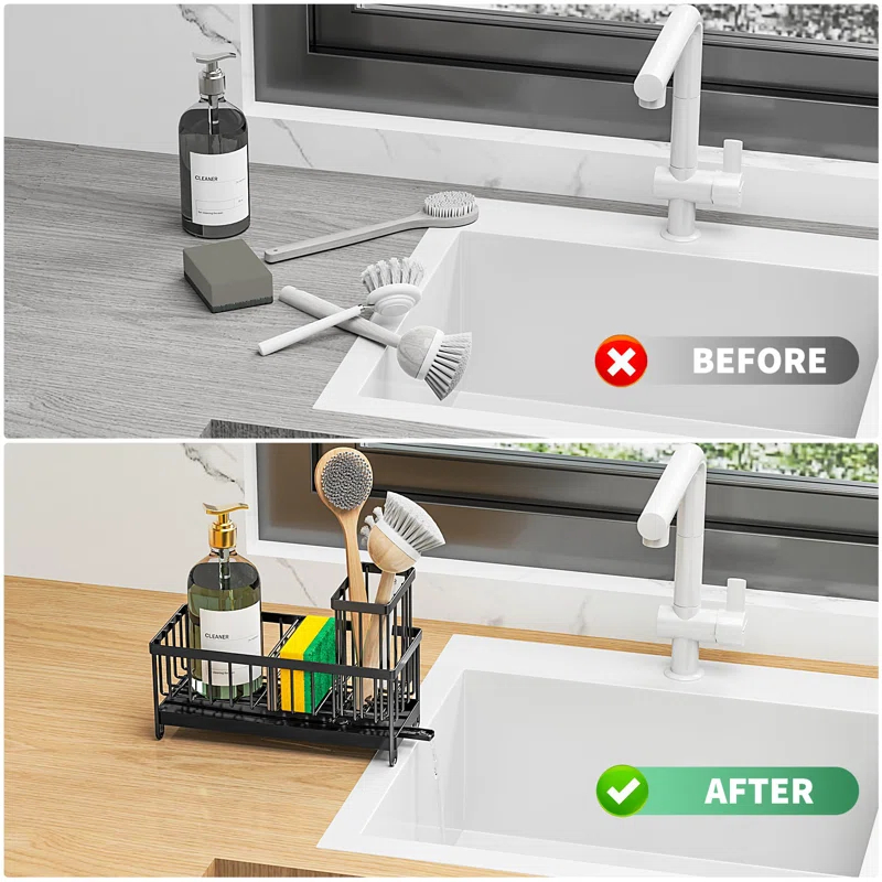 WhiteDream Sponge Holder For Kitchen Sink, Sink Caddy With High Brush Holder, Kitchen Sink Organizer Countertop Rustproof 304 Stainless. Black