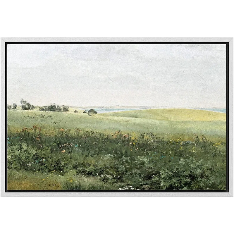 Green Meadow Hillside Wildflowers Field Nature Landscape Wall Art Framed On Canvas Painting Print