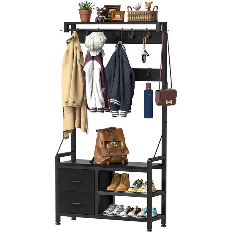 Hall Tree, 31” Entryway Bench with Coat Rack freestanding, 5 in 1 Intelligent Design Shoe Bench