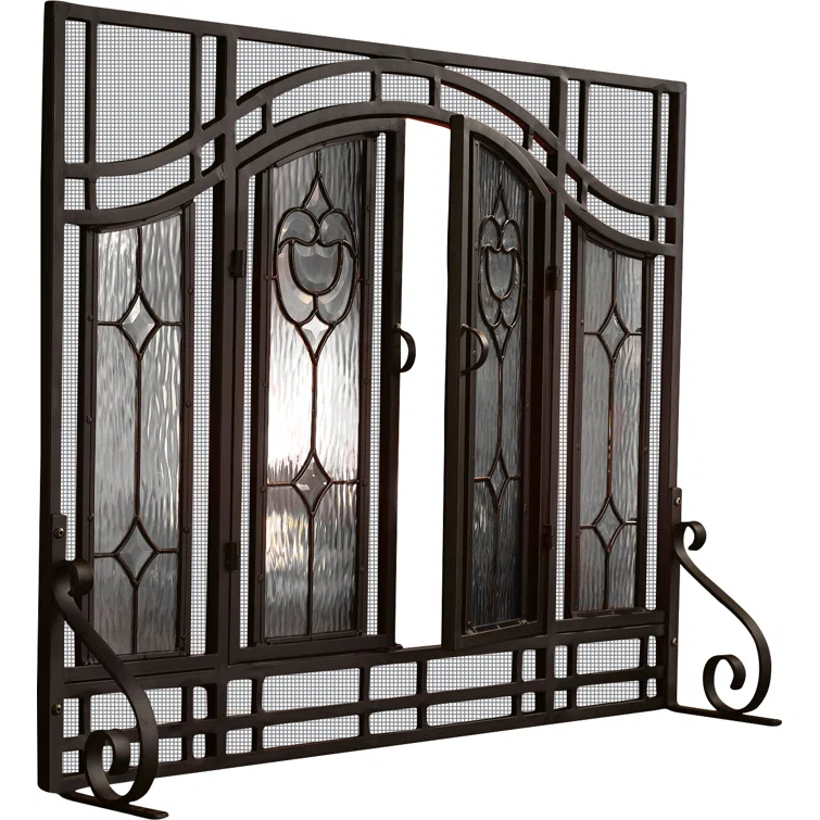 Plow & Hearth Two-Door Fireplace Screen with Tempered Glass Floral Panels