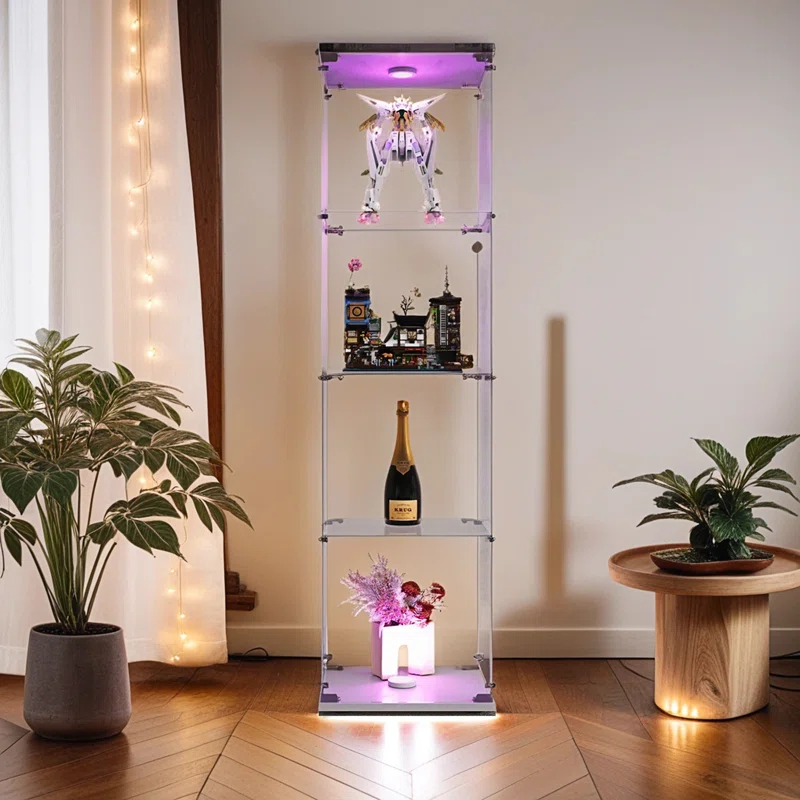 Lighted 4 Shelves Glass Display Cabinet with One Door
