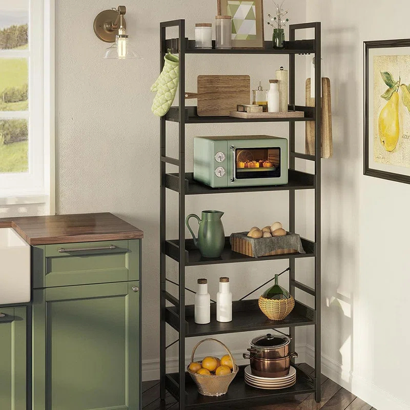 Bookshelf 6 Tier with 4 Hooks, Industrial Bookcase, Vintage Storage Rack with Open Shelves