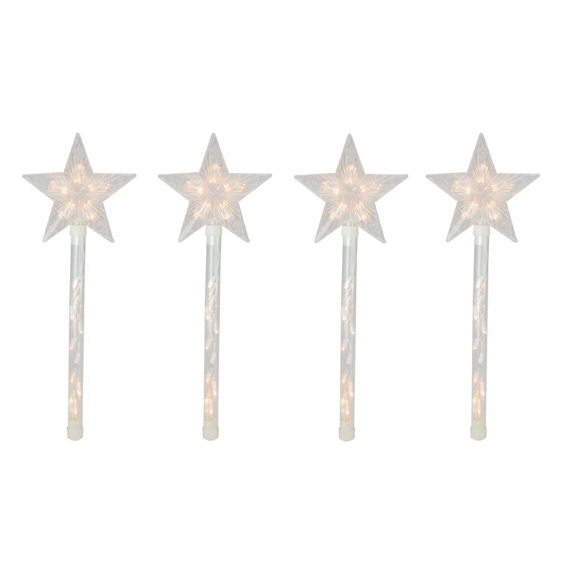 Northlight Seasonal Lighted Star Christmas Pathway Marker with Lawn Stakes White Wire - Clear Lights (Set of 4)