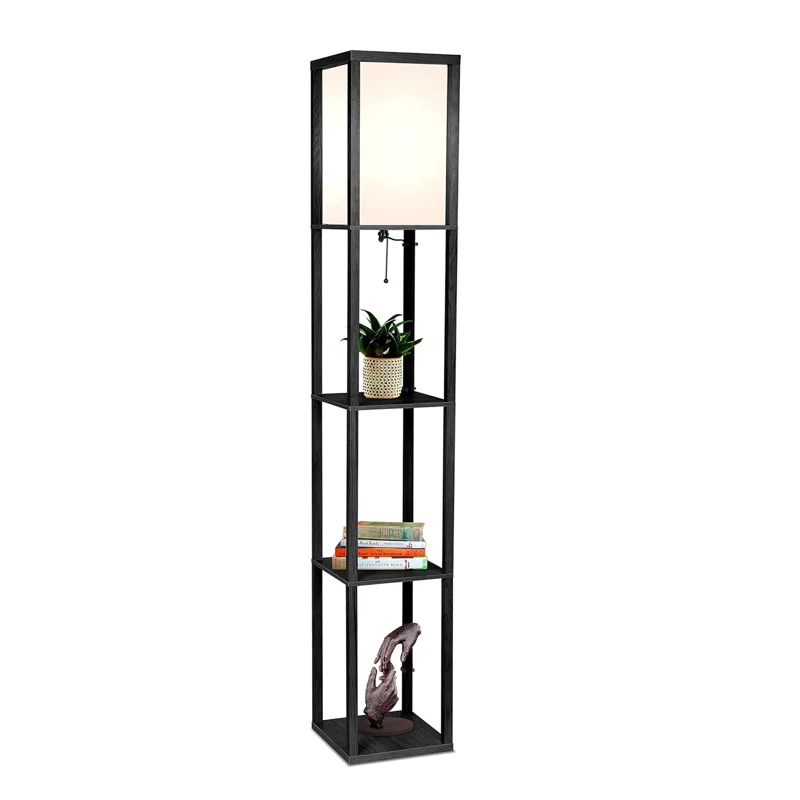 Brightech Maxwell Charger - Shelf Floor Lamp with USB Charging Ports and Electric Outlet - Tall, Narrow Tower Nightstand for Bedroom - Modern, Asian End Table with Light Attached - Black