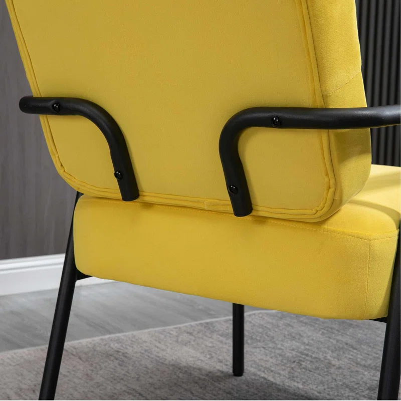Everly Quinn Modern Accent Chair with Cushioned Seat and Back, Upholstered Velvet Armchair for Bedroom, Living Room Chair with Arms and Steel Legs, Yellow