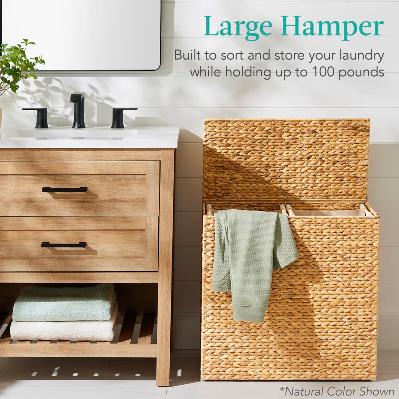 Bayou Breeze Large Water Hyacinth Double Laundry Hamper Basket w/ 2 Liner Bags, Handles