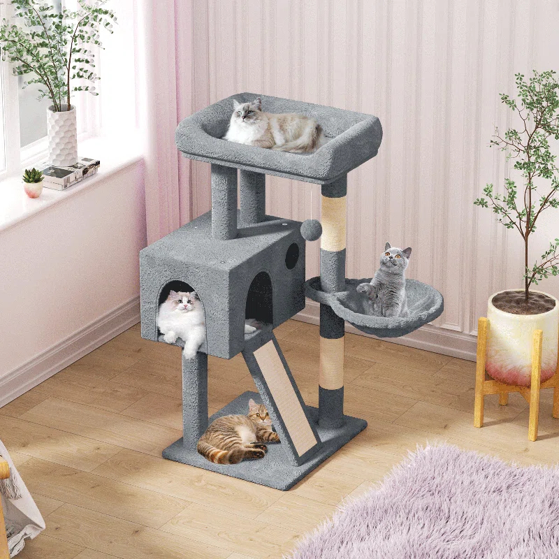 36" Small Cat Tower With Hammock, Sisal Scratching Posts, And Ramp, Perfect For Indoor Cats