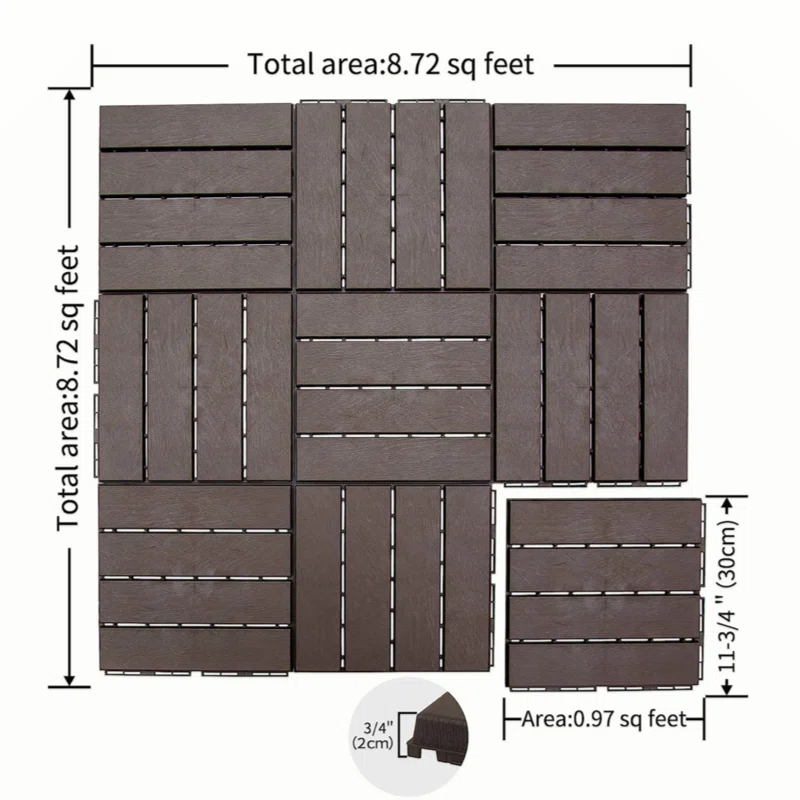 Patio Interlocking Deck Tiles, 12"X12" Square Composite Decking Tiles, Four Slat Plastic Outdoor Flooring Tile All Weather For Balcony Porch Backyard, (Dark Brown, Pack Of 44)