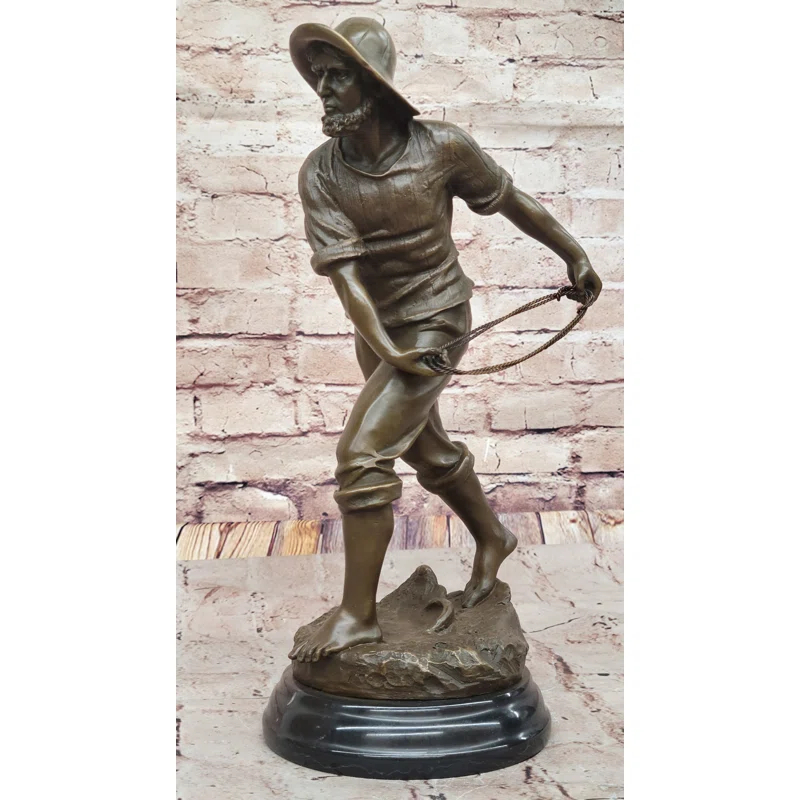 Bronze Fisherman with Net – Nautical-Themed Sculpture on Marble Base