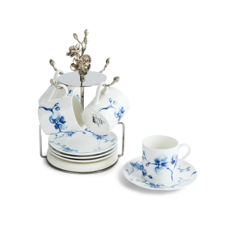 Blue Orchid Porcelain Demitasse Set with Stainless Steel Stand
