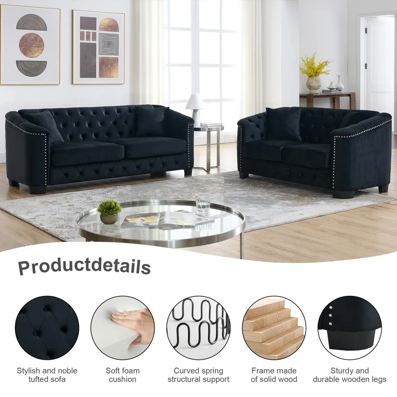 House of Hampton® House of Hampton® 2 Piece Chesterfield Sofa Set, Upholstered 77" Velvet 3 Seater Sofa + 59" Velvet Loveseat